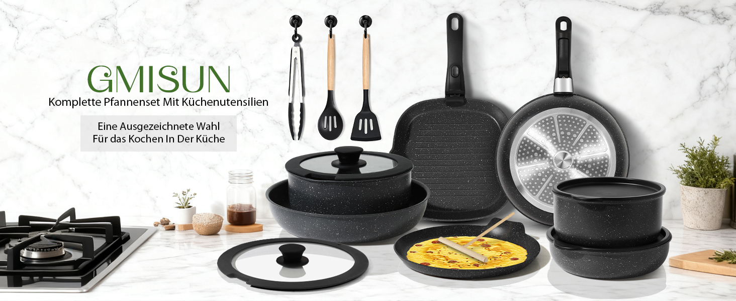 Набір каструль та сковорідок Induktion GMISUM 22 шт. з знімними ручками, для всіх типів плит, чорний