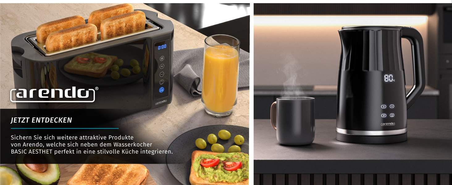 Електричний чайник Arendo з регулюванням температури, нержавіюча сталь, подвійні стінки Cool Touch, дисплей, бездротовий, 2200 Вт, 1,7 л, захист від перегріву, функція підтримання тепла, чорний