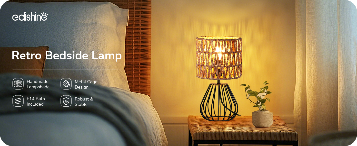 EDISHINE Настільна лампа, сучасний індустріальний дизайн, цоколь E14, вінтажний стиль, для спальні, вітальні, бежево-чорний колір (ротанг + чорний)