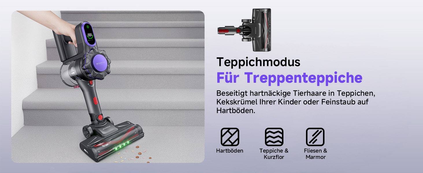 MONSGA Бездротовий акумуляторний пилосос з дисплеєм, 45000Pa, 50 хвилин роботи, антизаплутана щітка, самостійна парковка, док-станція на стіні, 8-шарова фільтрація, безщітковий двигун, для твердих поверхонь, килимів, шерсті тварин, авто