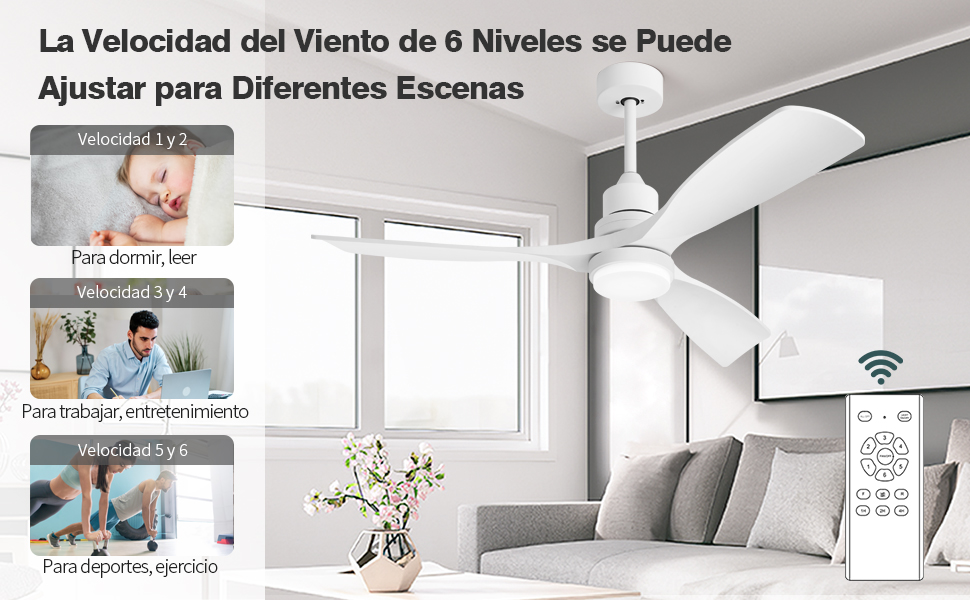 Стеляний вентилятор з підсвіткою та пультом дистанційного керування, тихий DC мотор, 132 см/52 дюйми, 3 дерев'яних лопаті, таймер, 6 швидкостей, сертифікований ETL, режим літо/зима для спальні (132см/52 дюйми, Білий)
