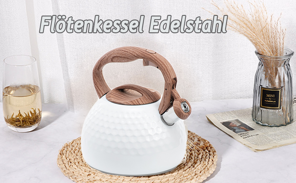 Чайник індукційний 3L з нержавіючої сталі з свистком, для плити, з дерев'яною ручкою, Off White