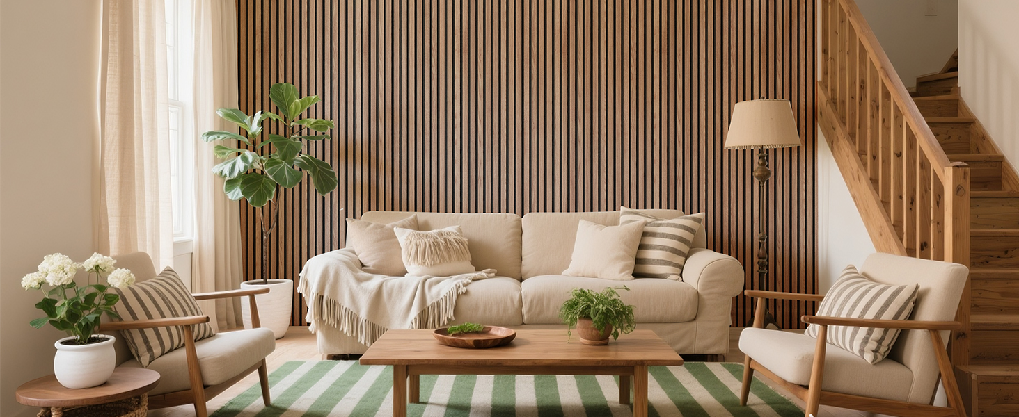 Акустичні панелі з дерев'яного шпону самоклеючі, набір 2 шт. 100x52 см, звукопоглинаючі стінові панелі для шумоізоляції та декору вітальні, офісу, коричневі