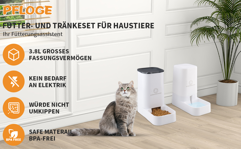 Автоматичний годівниця для котів, 2.1 кг, годівниця та диспенсер води для собак 3.8 л, без електромережі, без PBA, для подорожей, білий
