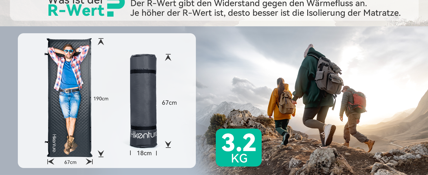Каремат HIKENTURE самонадувний, 10 см товщини, для кемпінгу, туризму та подорожей, сірий