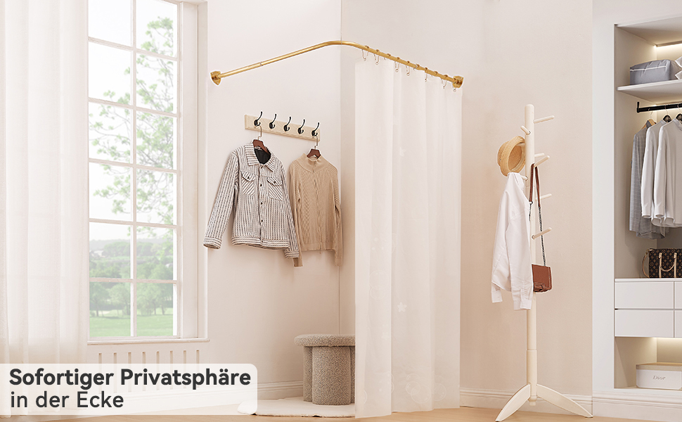 Штанга для душу L-подібна, регульована, з кріпленням для завіси та підпоркою для ванни/ванної кімнати, 12 кілець, монтаж болтами (Золото, 60-130см x 60-130см)