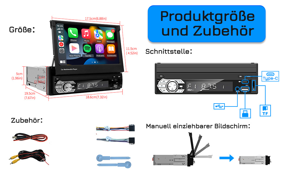EZoneTronics 7-дюймове 1DIN автомагнітола з CarPlay/Android Auto, сенсорний екран, Bluetooth, підтримка SWC, Mirror Link, еквалайзер, FM/RDS, USB Type-C, AUX, TF-карта, камера заднього виду CW0013