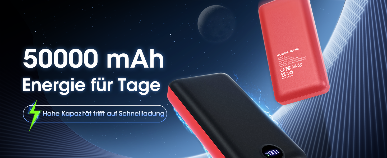 Power Bank 50000mAh з 3 кабелями, швидка зарядка 22.5W, USB-C, LED дисплей, чорний
