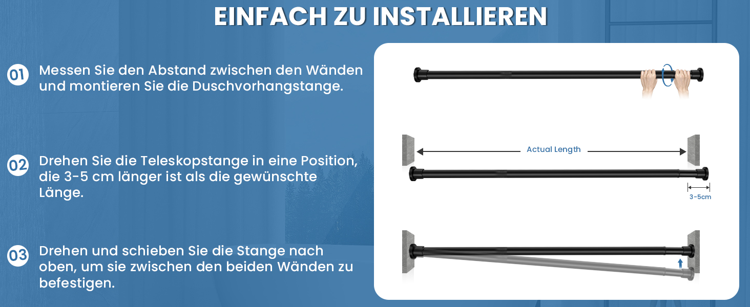 Штанга для душу без свердління 73-224 см, висувна штанга для ванної кімнати, чорна