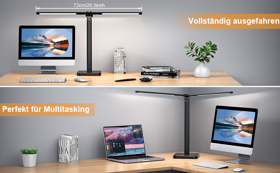 LED лампа настільна Veetop з подвійним світлом, регульована, денне світло, 72 см, шарнірний кріплення, 5 рівнів яскравості, 5 колірних температур, диммування, офісна лампа