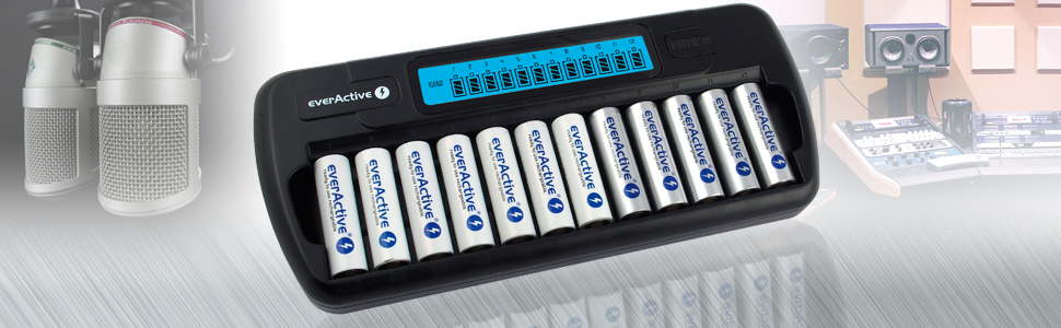 Зарядний пристрій everActive для 12 акумуляторів AAA/AA, швидка зарядка (4 години), LCD дисплей, режим оновлення, адаптер для автомобіля, модель NC-1200