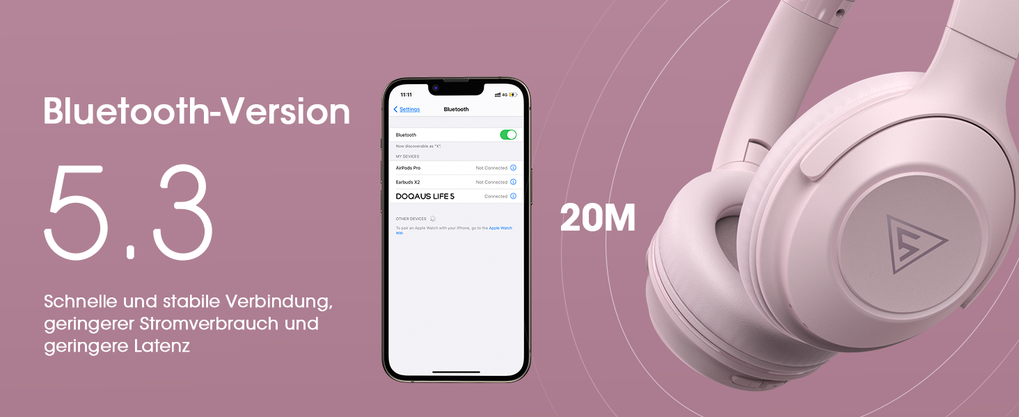 Бездротові навушники DOQAUS Bluetooth з тривалим часом роботи (70 год), Over-Ear, Bluetooth 5.4, Hi-Fi стерео, 3 режими EQ, для подорожей/телефону/ПК (Рожеві)