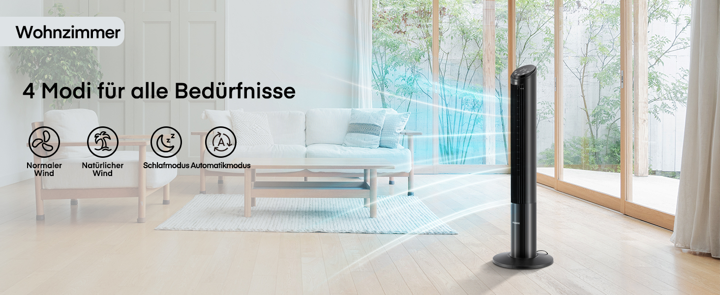 FOHERE Вентилятор Тур - Безшумний, 102 см, з пультом, 4 режими, 12 швидкостей, таймер 12 год, швидкість 7,6 м/с, для дому, спальні, офісу, чорний