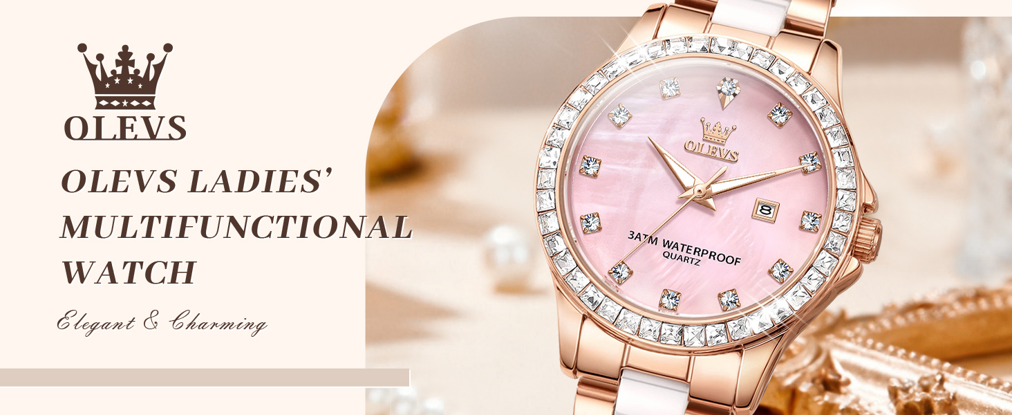 Годинник жіночий OLEVS з діамантами, елегантний, розкішний, на рожевому ремінці з керамічним склом (3651 Roségold)