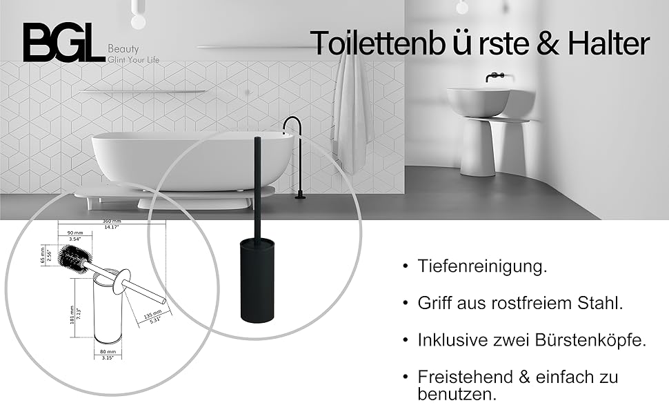 Тримач для унітазної щітки BGL, нержавіюча сталь, кольоровий, круглий, підлоговий, з щіткою, для ванної кімнати (Чорний)