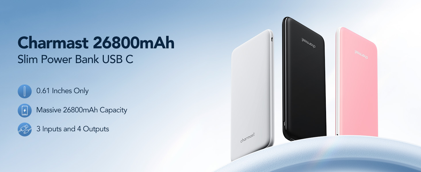 Power Bank Charmast 26800mAh з 4 виходами та 3 входами, USB-C, для iPhone, iPad, Samsung, чорний