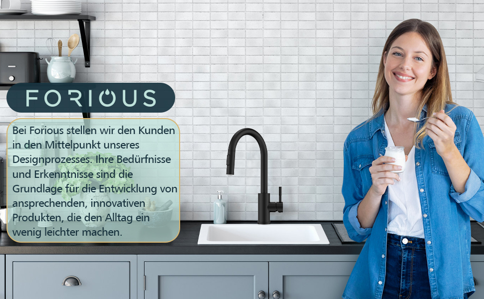 Кран кухонний FORIOUS чорний з висувною лійкою, поворотний на 360°, матовий, для кухні