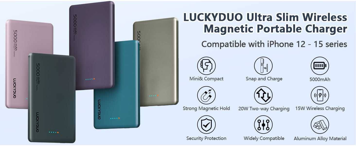Power Bank LUCKYDUO MagSafe 5000mAh: Тонкий, Магнітний, Швидка зарядка 20W USB-C, для iPhone 15/14/13/12 Pro Max
