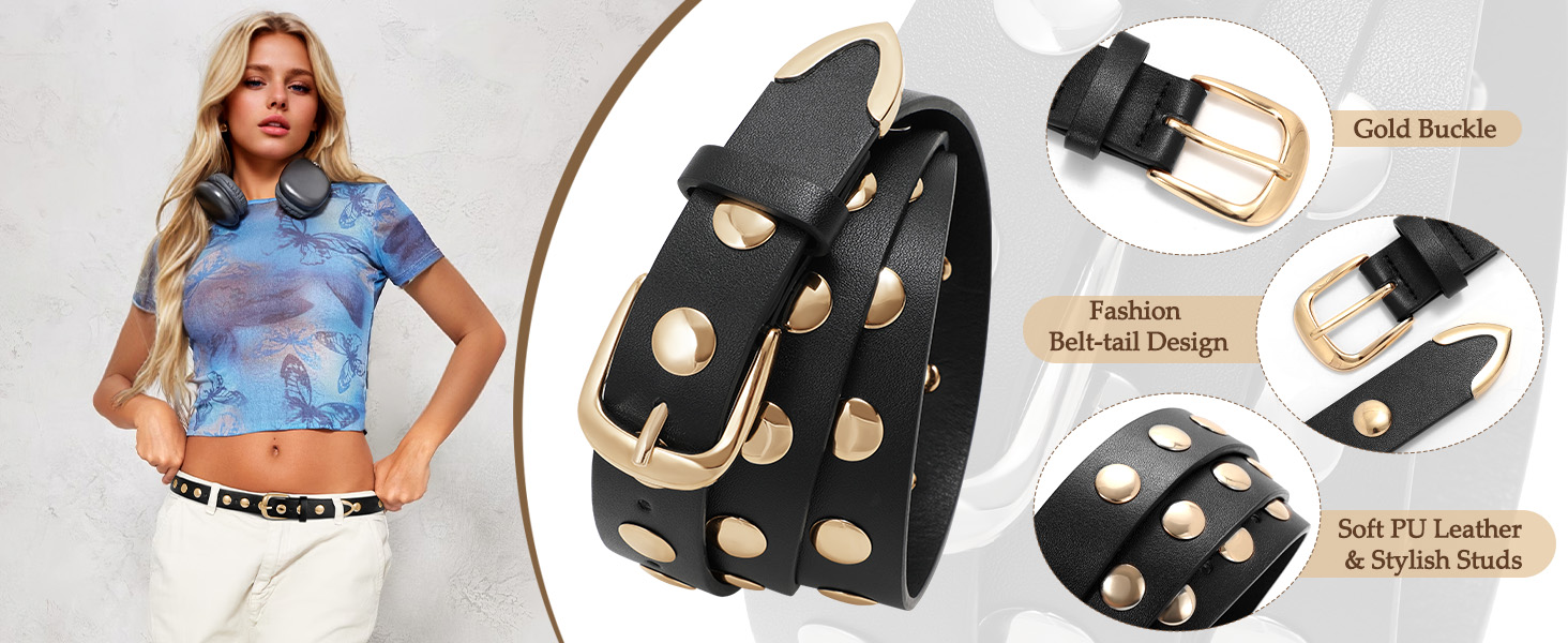 Жіночий шкіряний ремінь LeaCoolKey з пряжкою, з шипами, для джинсів та штанів, чорний, розмір M (82-91 см)