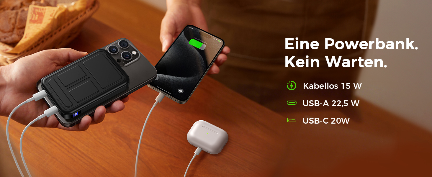 Powerbank MagSafe 10000mAh з PD 22.5W, бездротова зарядка, USB-C, LED-дисплей, чорний