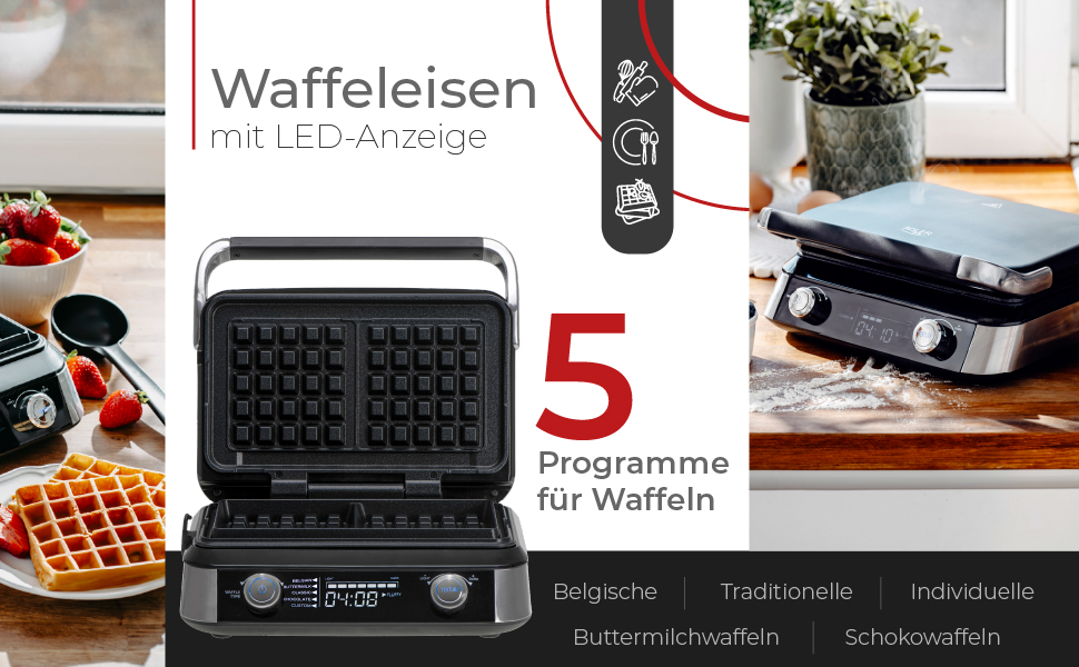 Вафельниця Adler Belgische Waffel – електрична вафельниця з LCD-дисплеєм, 2400W, 5 програм, 7 рівнів підсмажування, глибокі нагрівальні пластини 12x13x2 см
