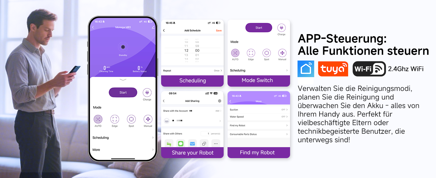 Робот-пилосос MONSGA 3-в-1 з функцією миття, 3000PA, безщітковий двигун, 140 хвилин роботи, чорний. Ідеально для шерсті тварин, килимів та твердих підлог.