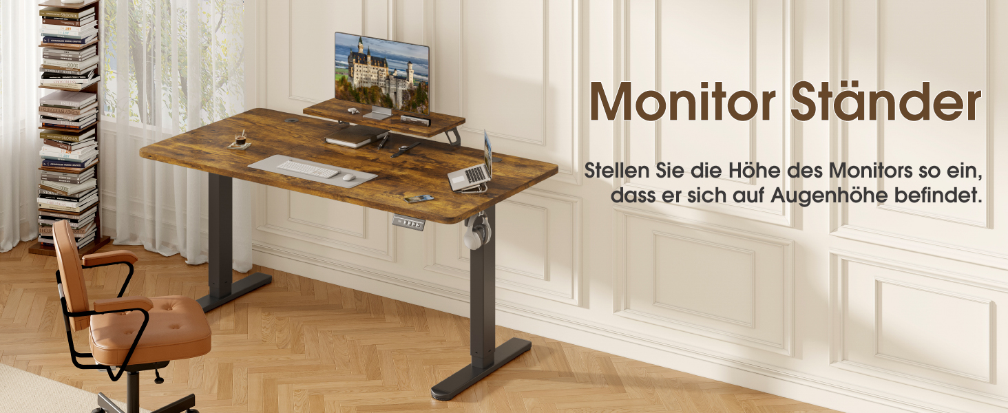 Devoko Electric Standing Desk 160x70cm with Monitor Stand, Memory Height Adjustment, Ergonomic Sit-Stand Desk (120x60cm, Vintage Brown)