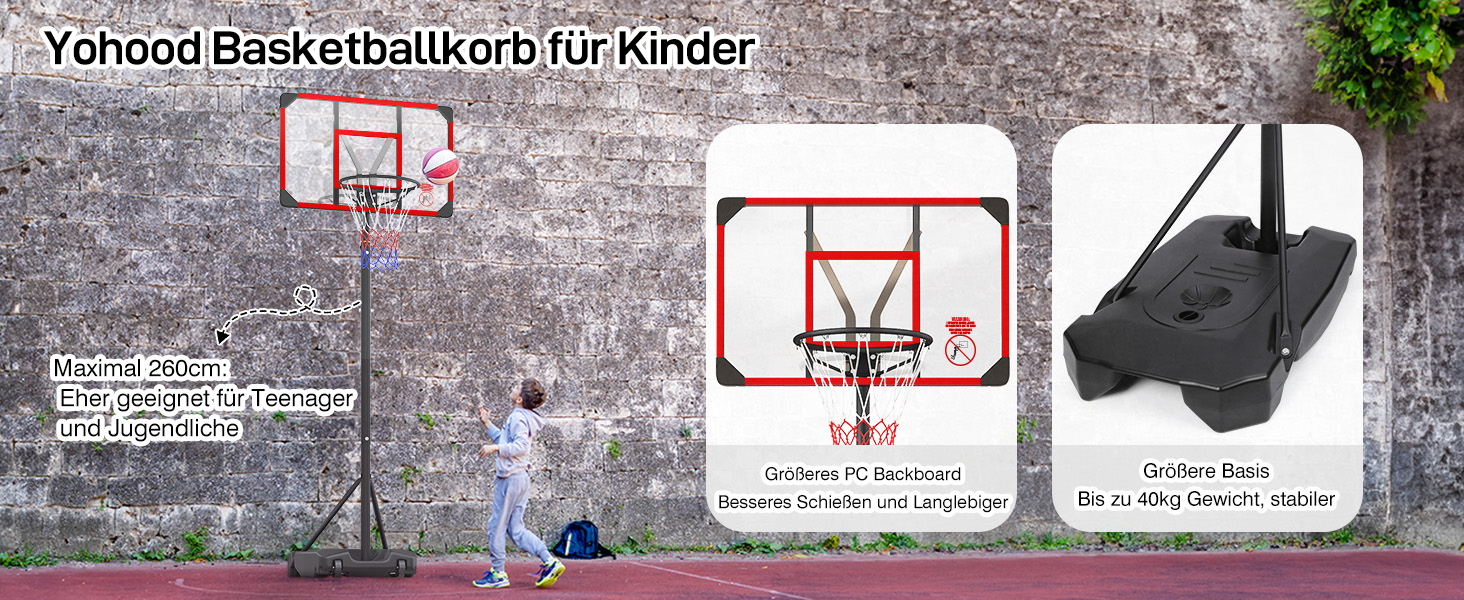 Баскетбольний кошик для дітей та підлітків Yohood Outdoor з регулюванням висоти, мобільний, з PC-зворотньою панеллю 82x53 см та збільшеною основою (червоний)