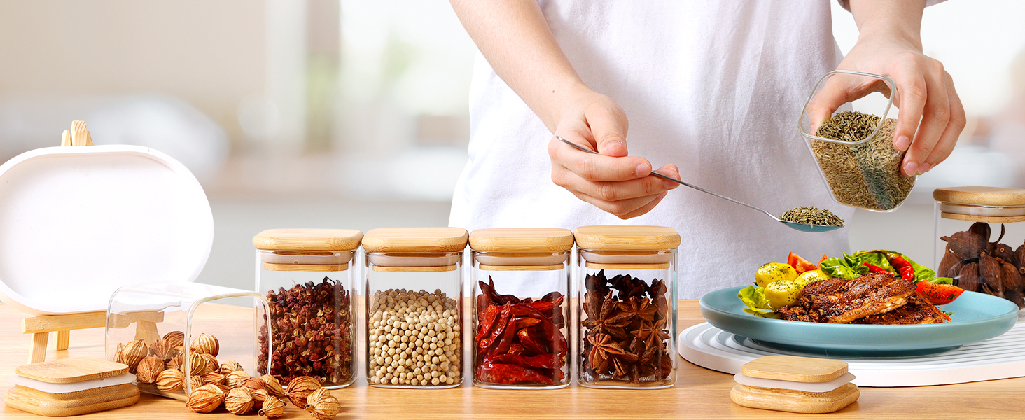 Набір скляних банок для спецій 12 шт. 200 мл з дерев'яною кришкою, набір дозаторів спецій, контейнери для спецій