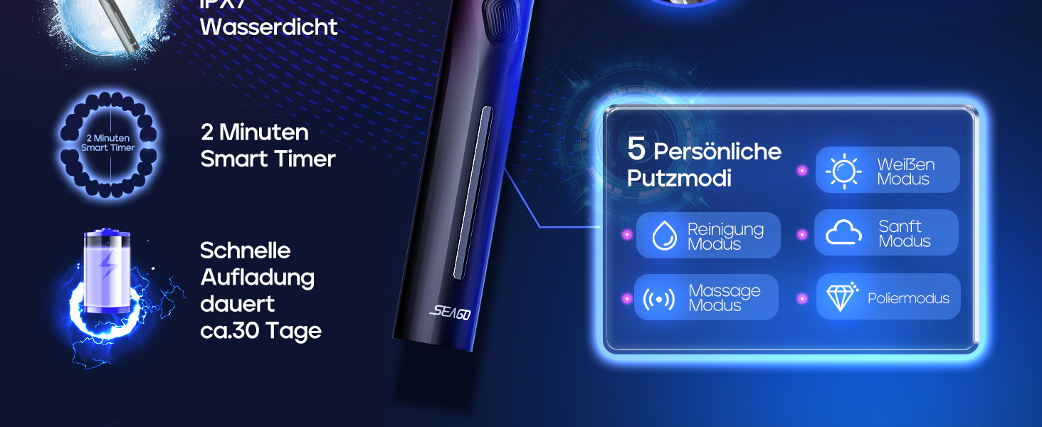 Електрична зубна щітка Seago з датчиком тиску, 40000 VPM, 8 насадок, 5 режимів, звукова, з підставкою, чохол, для дорослих, SG-2752 (Чорний)