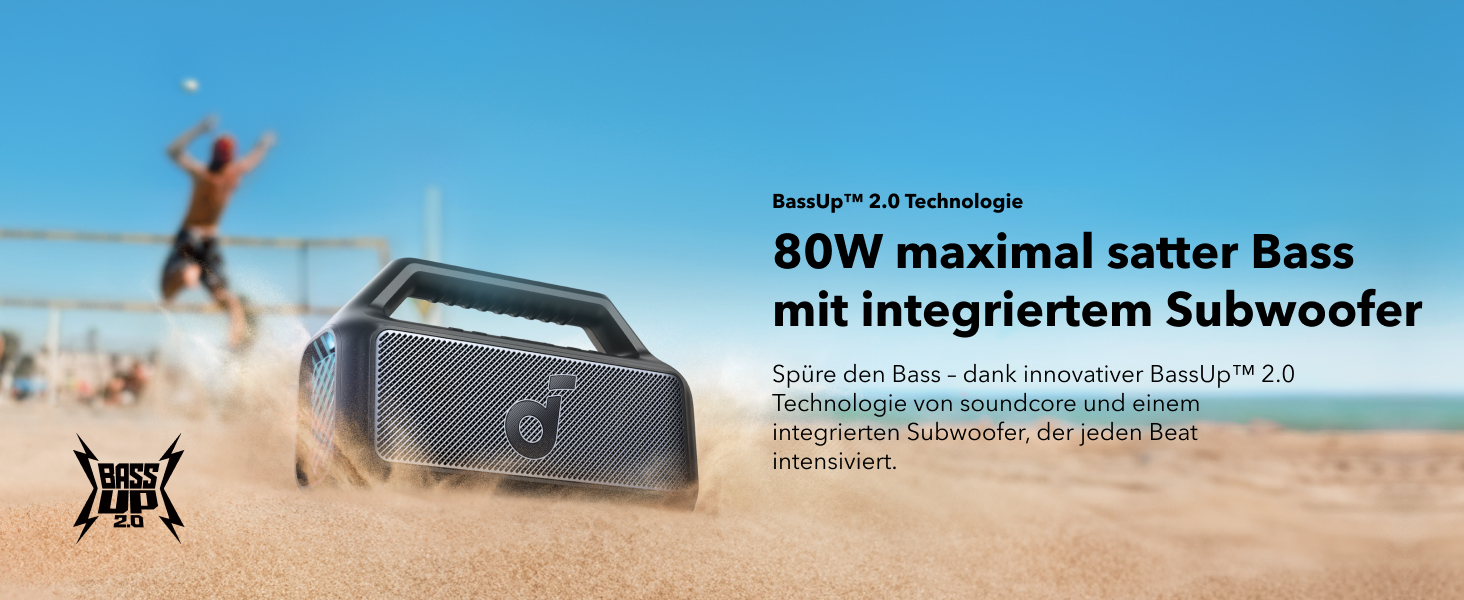 Soundcore Boom 2 - портативна Bluetooth колонка, 80W, сабвуфер, LED, IPX7, USB-C, EQ, BT 5.3, для кемпінгу, пляжу, саду, чорна