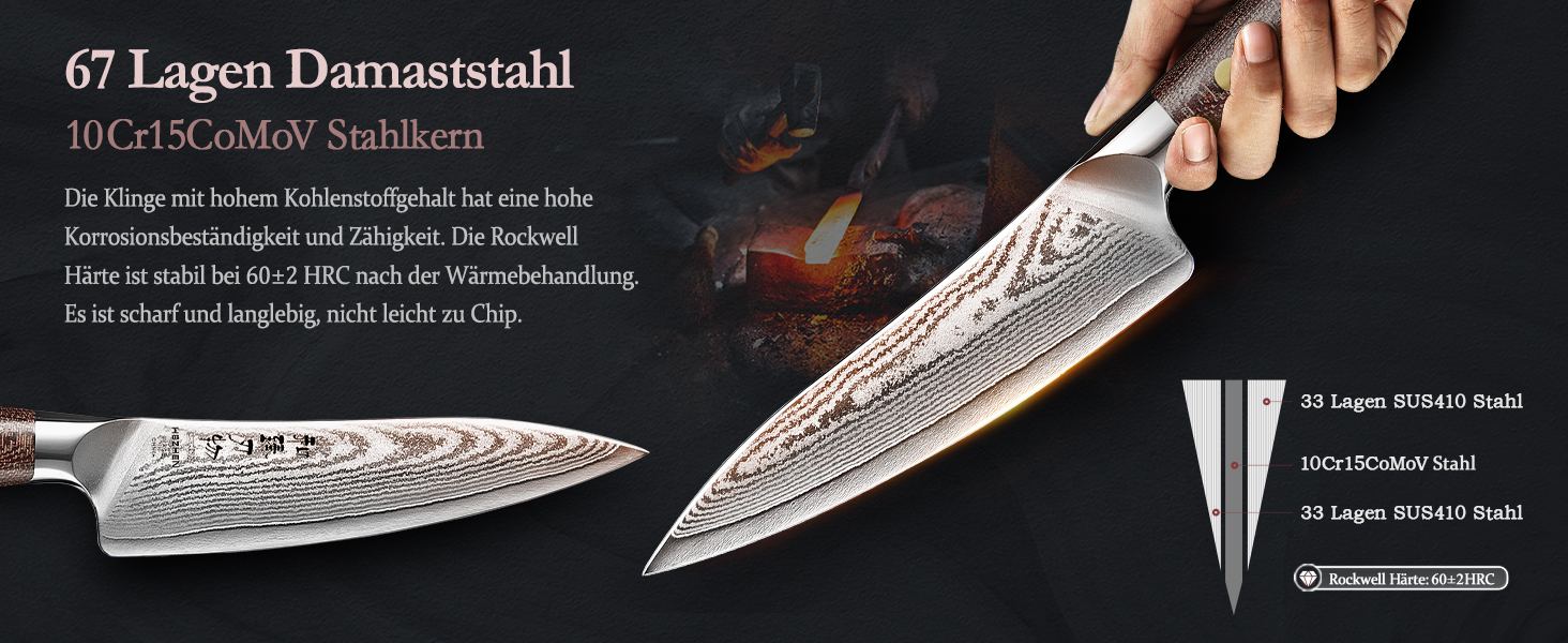 HEZHEN ніж кухарський 21 см дамаск 67 шарів, професійний ніж для кухні з дерев'яною піхвою, міцний ніж з ручкою Micarta