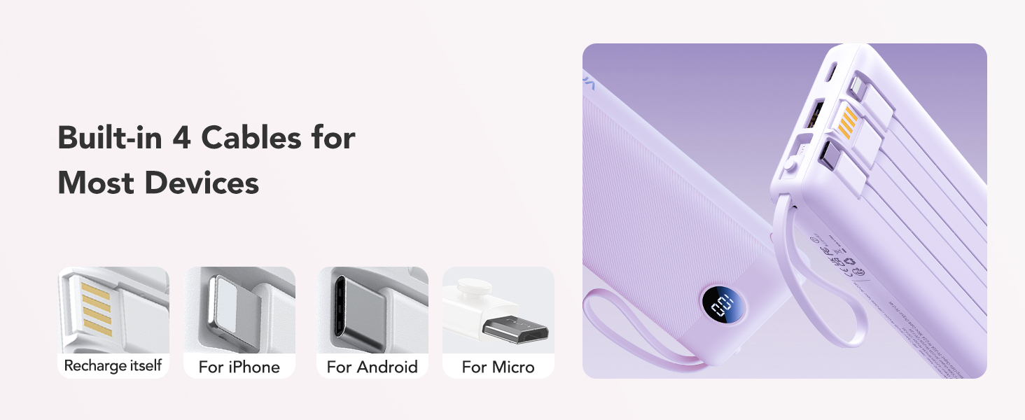 Power Bank VRURC 20000mAh з LED дисплеєм, 22,5W швидка зарядка USB-C, білий/фіолетовий
