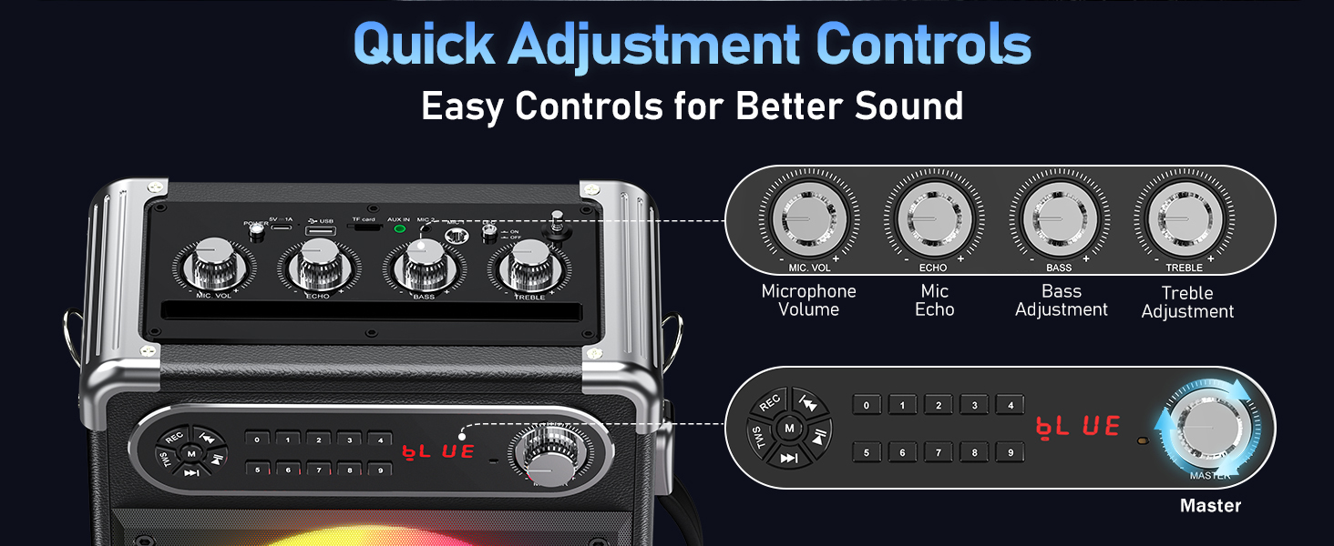 Караоке-машина JYX з 2 UHF-мікрофонами, Bluetooth-колонка з регулюванням басів/високих частот, пульт дистанційного керування та LED-підсвічуванням, підтримка TF-карт/USB, AUX IN, FM, REC, чорний колір