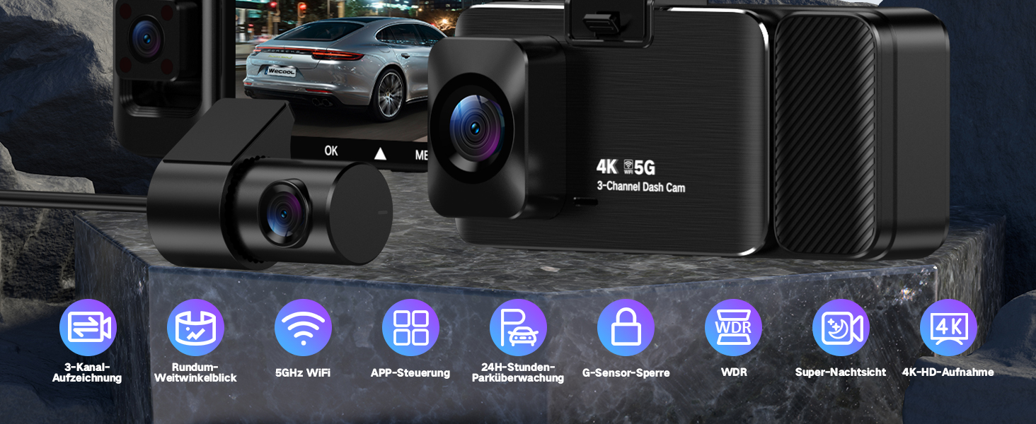 3-канальний автомобільний відеореєстратор 4K (передня, внутрішня та задня камери), кут огляду 170°/150°/150°, нічна зйомка, G-сенсор, циклічний запис, 24гд паркування, карта пам'яті 64 ГБ, чорний