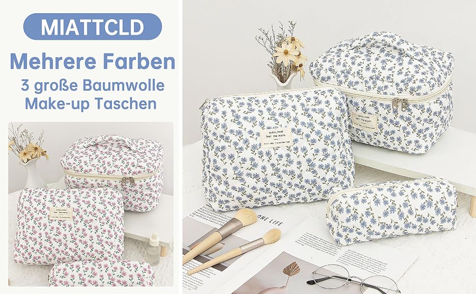 Косметичка для жінок, набір 3 шт. велика бавовняна косметичка для подорожей, органайзер для макіяжу, косметична сумочка з квітковим візерунком (блакитна павічева квітка)