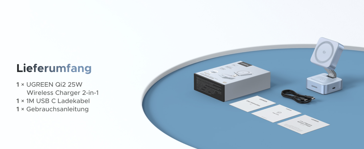 Зарядний пристрій UGREEN MagFlow 2-в-1 MagSafe 25W з підтримкою Qi2, нахильний 70°, для iPhone 16/17, AirPods та Pixel 10 Pro XL, з кабелем 1м