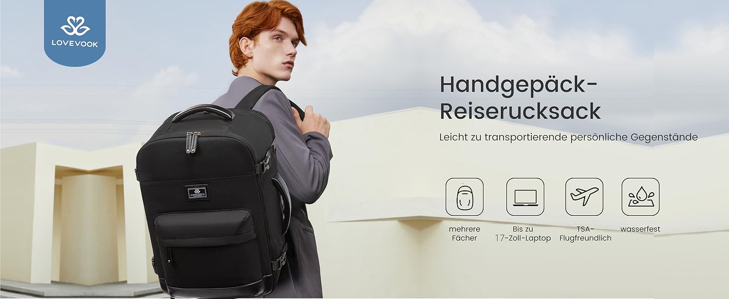 LOVEVOOK Рюкзак для ручної поклажі, дорожній рюкзак 45L, валіза-рюкзак для ноутбука 17.3 дюйма, для подорожей, ділових поїздок, вихідних (1-чорний, 47x20x34 см, 40L, комплект)