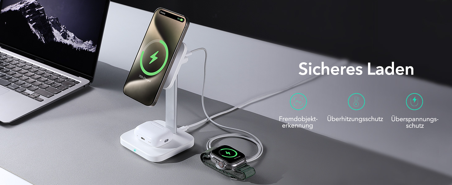 Зарядна станція 2-в-1 ESR MagSafe для Apple Watch та iPhone 17e/17/16/15/14/13/12, AirPods 4 - Біла