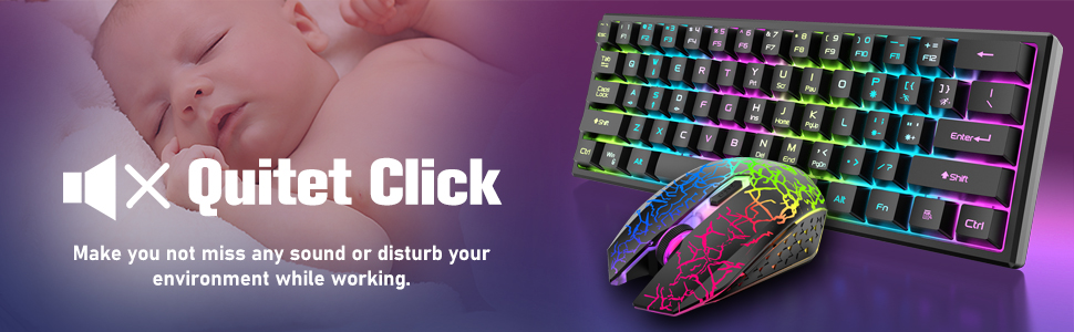 Kabellos Gaming Tastatur und Maus Combo Set: Бездротова ігрова клавіатура та миша, 2.4 GHz, 3800 mAh, тиха, 61 клавіша, компактна, Rainbow LED підсвічування, 2400 DPI, 6 кнопок, чорний