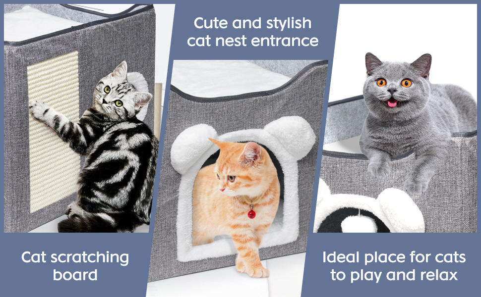 Складане будиночок для котів, великий, з когтеточкою та плюшевою кулькою (сірий)