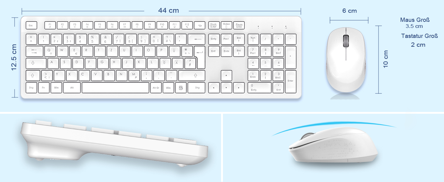 Бездротовий комплект клавіатури та миші Leadsail K786 з цифровою клавіатурою QWERTZ (німецька) - тиха клавіатура, 2.4 GHz, USB Nano приймач для ПК/ноутбука (білий)