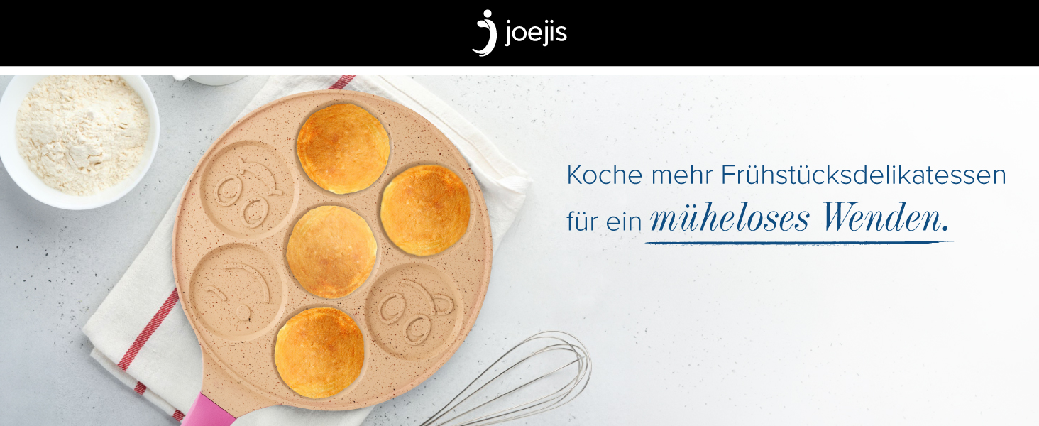 Млинцева пательня Joeji's Kitchen з 7 виїмками для млинців та яєць зі смайликами, антипригарна, алюмінієва, 26,5 см, для індукції, рожева, для дітей