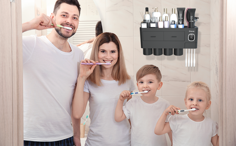 Тримач для зубних щіток iHave на стіну з дозатором пасти та 4 чашками – чорний дизайн для ванної кімнати, органайзер 4в1, зберігання зубних щіток та аксесуарів