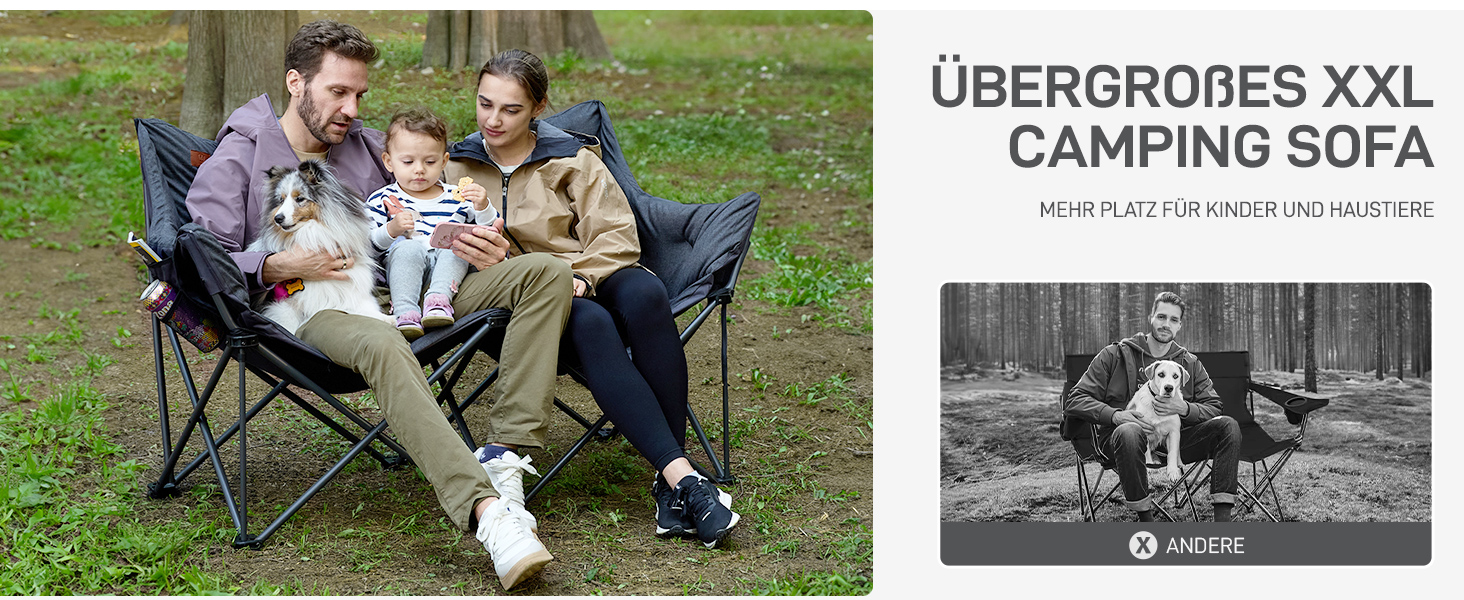 Кампінговий стілець-ліжко EVER ADVANCED для двох осіб, 145 см, сірий, до 400 кг, з високою спинкою, для саду, балкону, кемпінгу