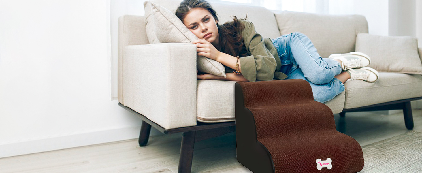 Сходинки для тварин Galatée: 3-ступеневі сходи для собак та котів, знімний чохол на блискавці, з високощільну шару, колір світло-коричневий