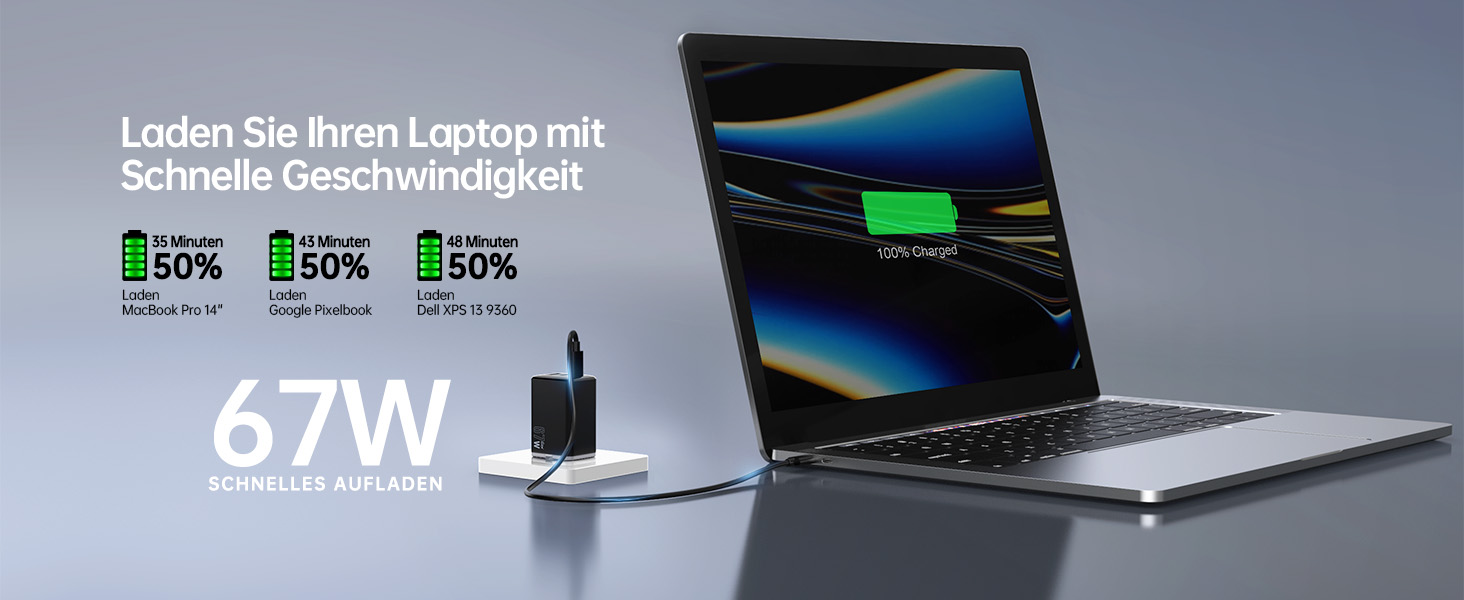 Зарядний пристрій USB-C 67W NOVOO GaN III з 3 портами, швидка зарядка для MacBook, iPad, Pixel, Samsung, iPhone, Steam Deck - Чорний