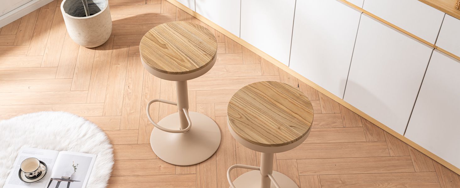 YOUNIKE Adjustable Bar Stools 2-Pack - Wooden Swivel Counter Height Chairs with Footrest for Kitchen & Bar (Vintage, Khaki)