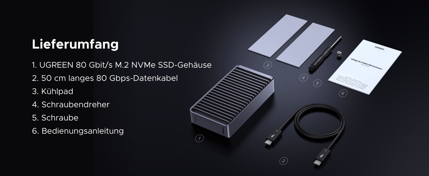 Зовнішній корпус для M.2 NVMe SSD UGREEN 80Gbps, сумісний з Thunderbolt 5/4 та USB4