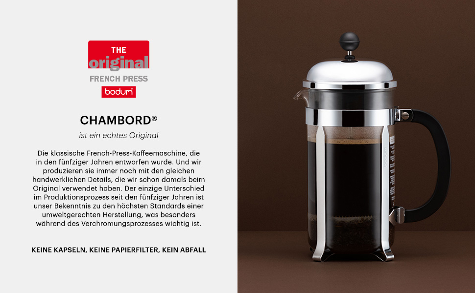 Френч-прес Bodum Chambord 1 л, блискучий + набір склянок Pavina 6 шт, подвійні стінки, 0.35 л, прозорі